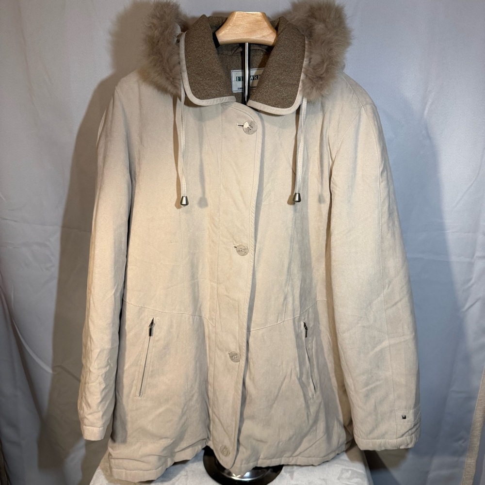 Fitz-Wright Women's XL Beige Hooded Parka Real Fur Trim Winter Coat